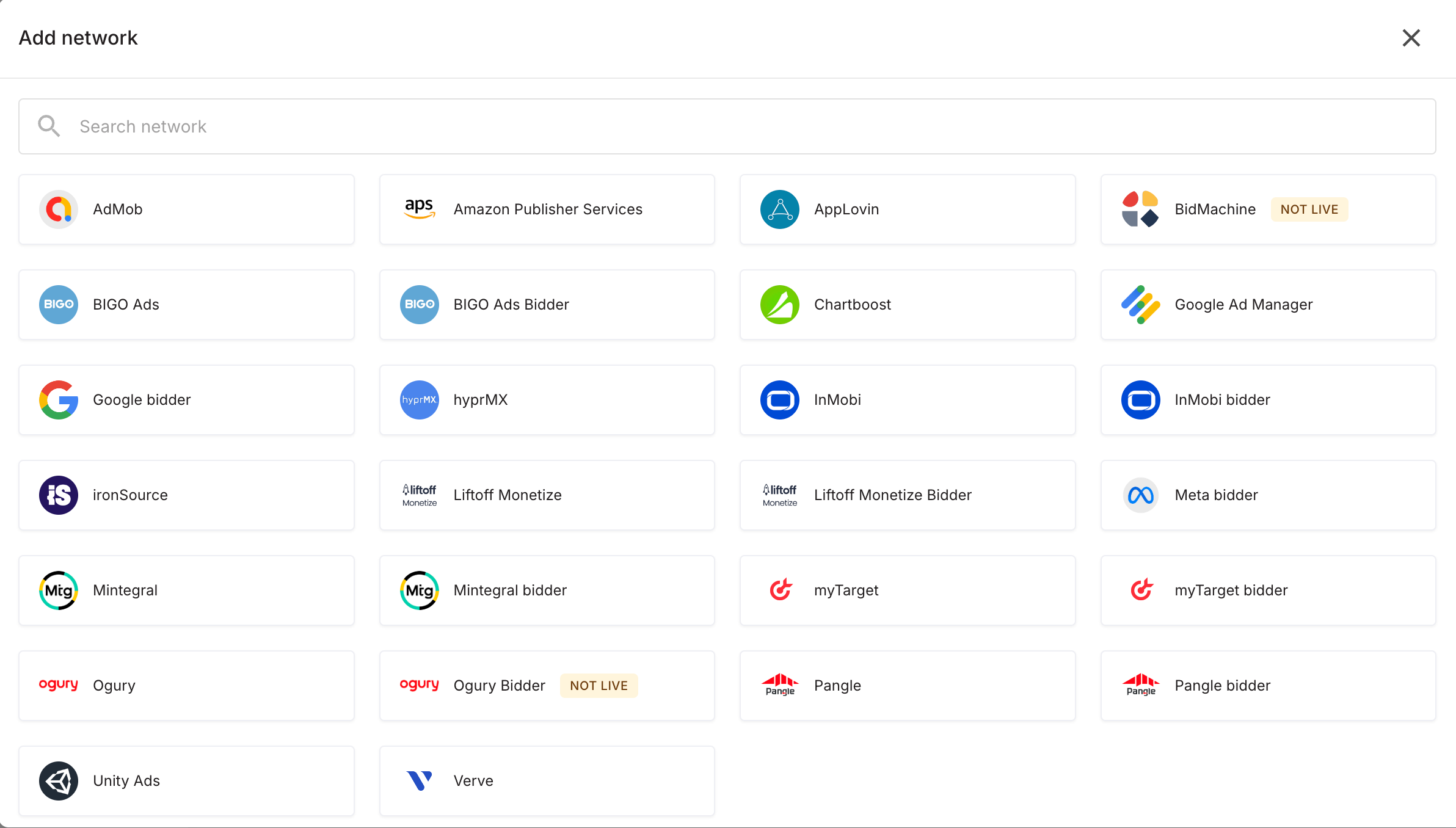 Mediated networks available to add to an app.