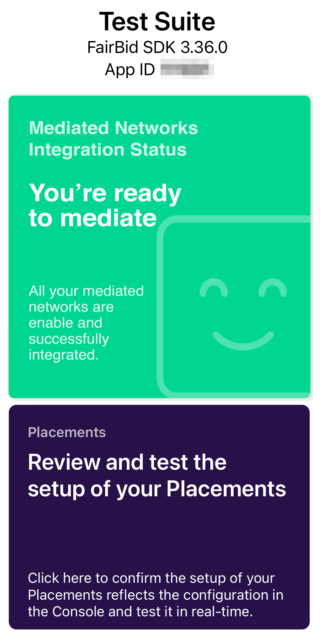 DT Test Suite screen showing app is ready for mediation