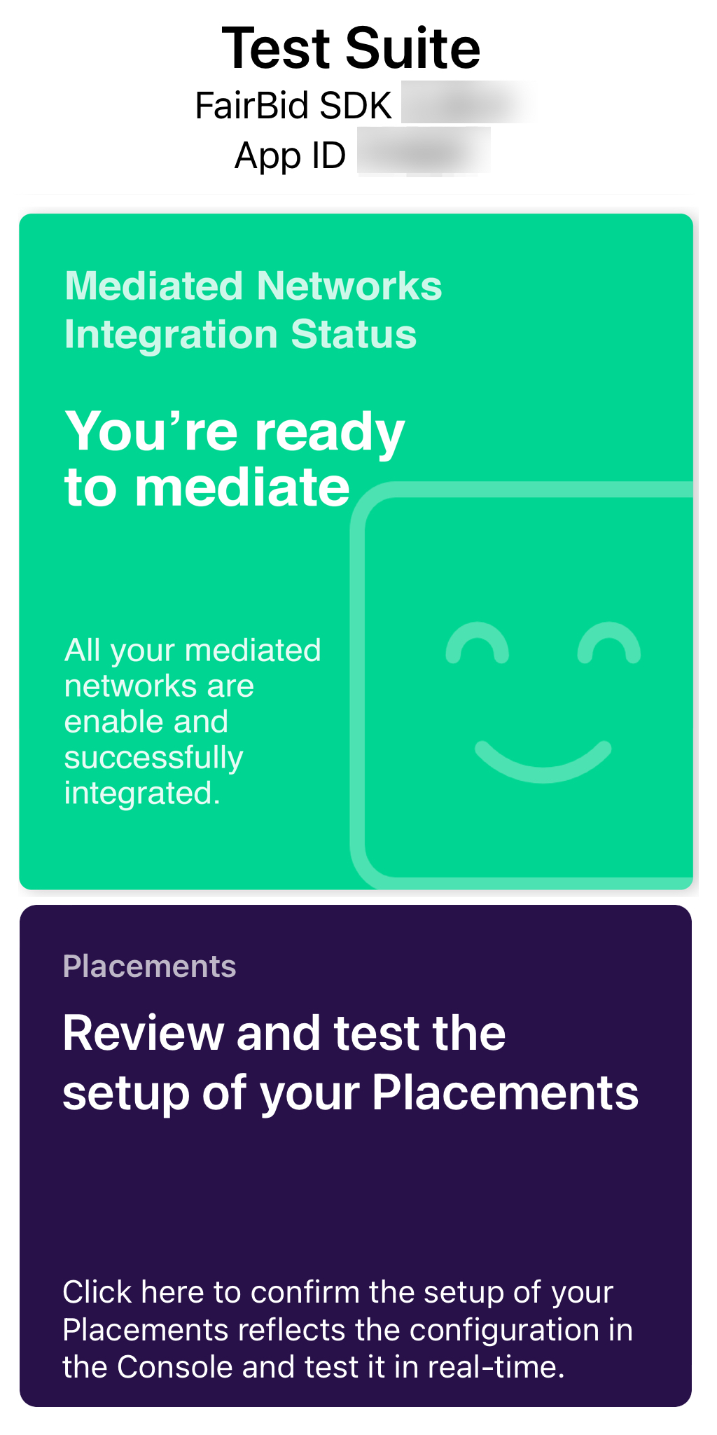 DT Test Suite screen showing app is ready for mediation