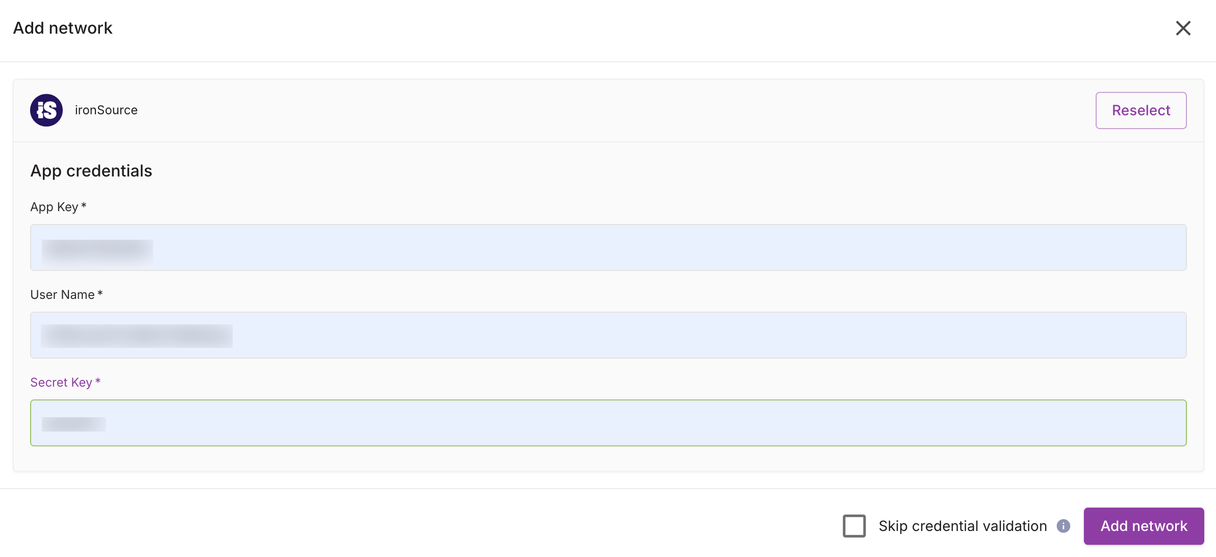 ironSource network parameters for DT